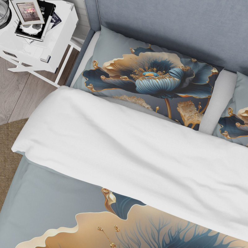 Ensemble de housse de couette en microfibre / polyester bleu foncé et doré, Housse de couette simple + 1 taie décorative stan