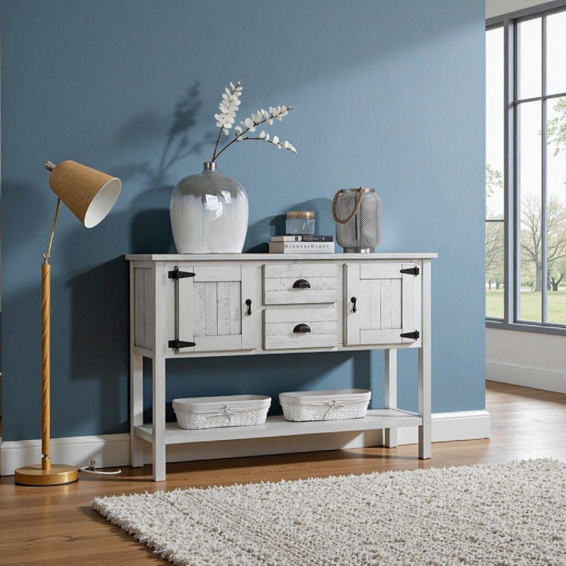 Console de rangement en bois avec 2 tiroirs, armoires et tablette inférieure, Blanc antique