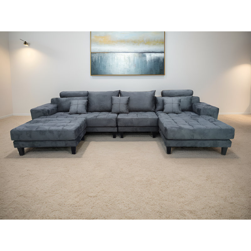 Upholstered L-Shaped Sectional, Right Hand Facing, Gray Microfiber/Microsuede