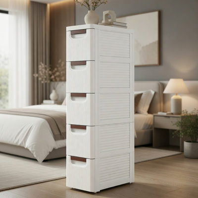 5-Drawer Rolling Storage Organizer Cabinet, Narrow Slim Design with Built-in Wheels, PP Utility Cart for Bathroom, Laundry Room & Small Spaces, White