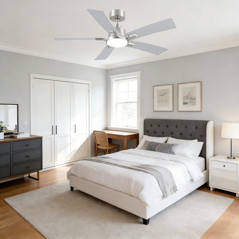 Modern 46" Indoor Brushed Nickel Downrod Mount Ceiling Fan with Integrated LED, Remote and  5 Two-Tone Blades, 46", Silver