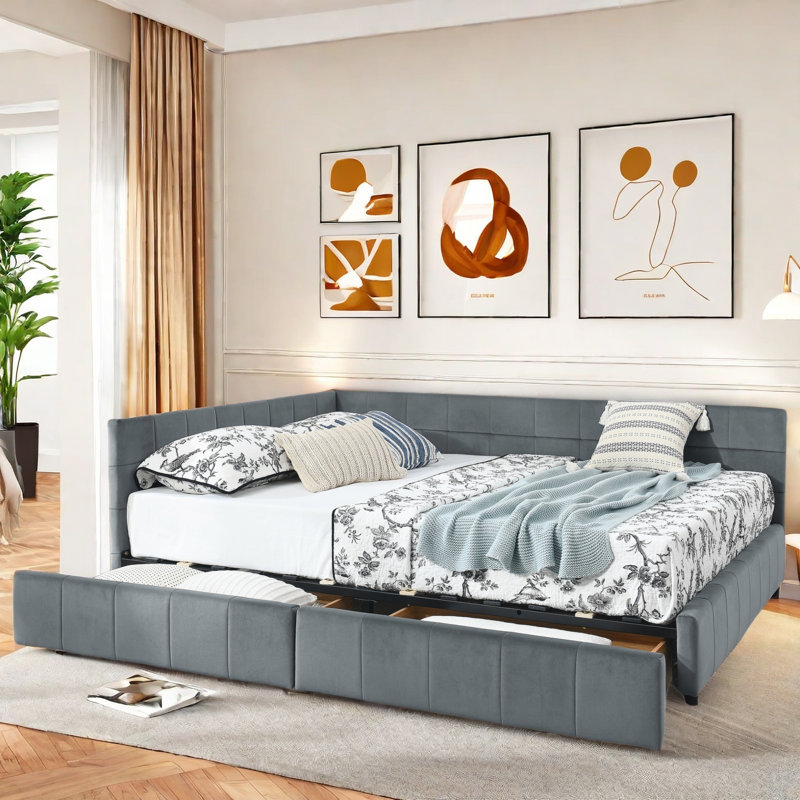 Lit tapissier avec 2 tiroirs Torres, Gris