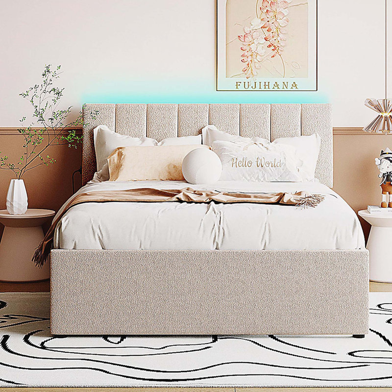 Lit plateforme tapissier Teddy, Lit double, Beige