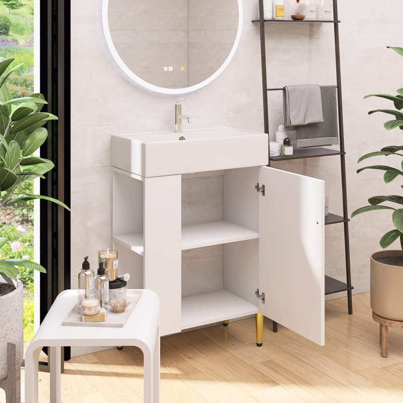 Meuble-lavabo à motif ondulé avec lavabo en céramique et rangement latéral, White