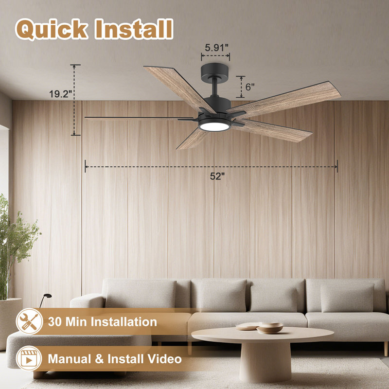 52" 5-Blade Modern Wood Ceiling Fan with Light Kit and Remote Control, 6-Speed, Quiet DC Motor, Indoor/Outdoor, Black/Walnut