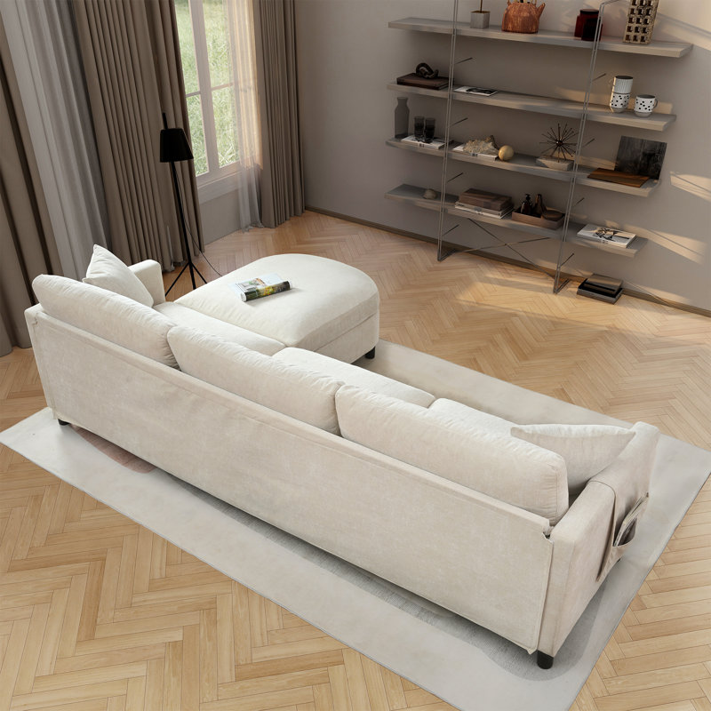 Canapé modulaire rembourré 107,87 po avec repose-pieds mobile et poche avec accoudoirs de rangement, Beige