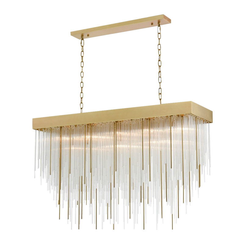 27-Light 60" Rectangular Convertible Flush Crystal Chandelier, Aged Brass