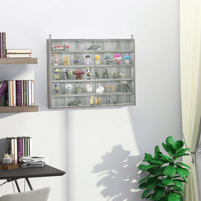 Vitrine à 5 niveaux, vitrine en verre avec 2 portes et tablettes réglables, fixation murale, gris