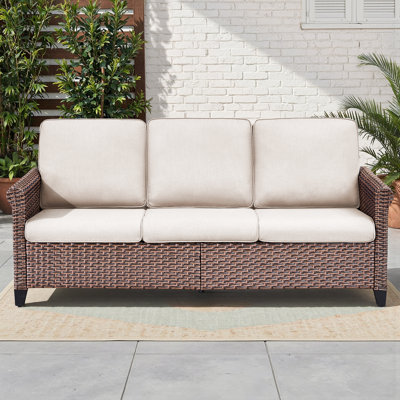 Outdoor 76'' Wide Wicker Patio Sofa With Cushions & Round Armrests, All-Weather PE Rattan Outdoor Sofa For Balcony, Deck, Poolside,  Beige
