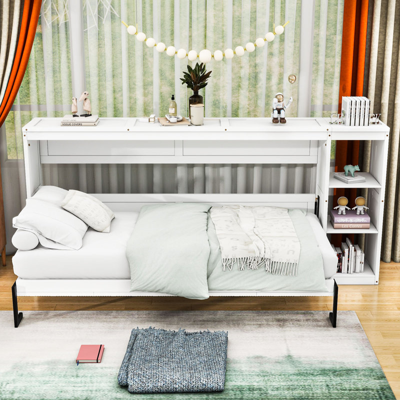 Wood Murphy Bed with 3 Shelves, Twin, White
