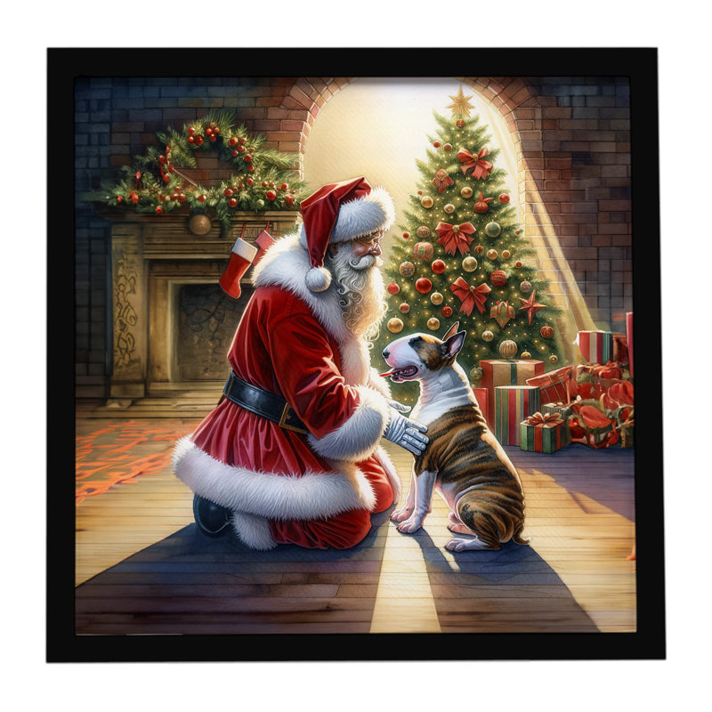 Bull terrier et père Noël, reproduction d'art encadrée