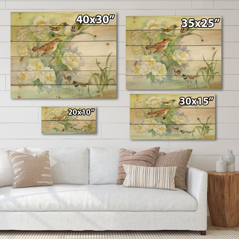 Fleurs et oiseaux dans un paysage rustique - impression traditionnelle sur bois de pin naturel, H 25 po x l 35 po x P 0,78 po