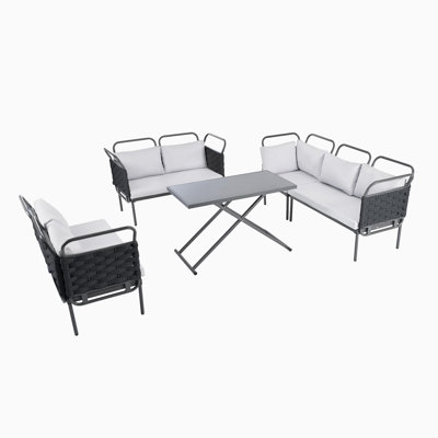 5-Piece Patio Sectional Sofa Set Outdoor Woven Rope Furniture Set with Glass Table and Cushions -  Latitude RunÂ®, AD531C1A5E87412AAE849592ED32122A