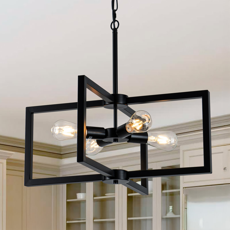 4 Light Chandelier, Black Modern Farmhouse Chandeliers For Dining Room Light Fixture Entryway Kitchen Island, Industrial Ceiling Light Adjustable Height Rustic Geometric Hanging Light E26 Base