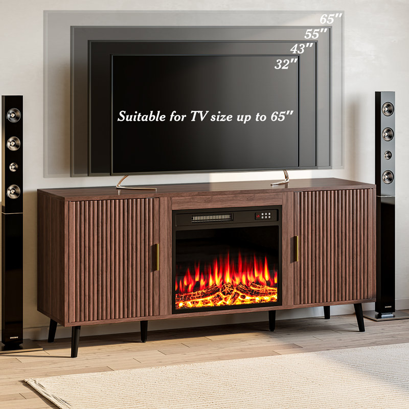Midcentury Modern TV Stand with 23-Inch Fireplace, Brown