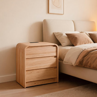 Curved Nightstand with Outlet, 3-Drawer Modern Nightstand