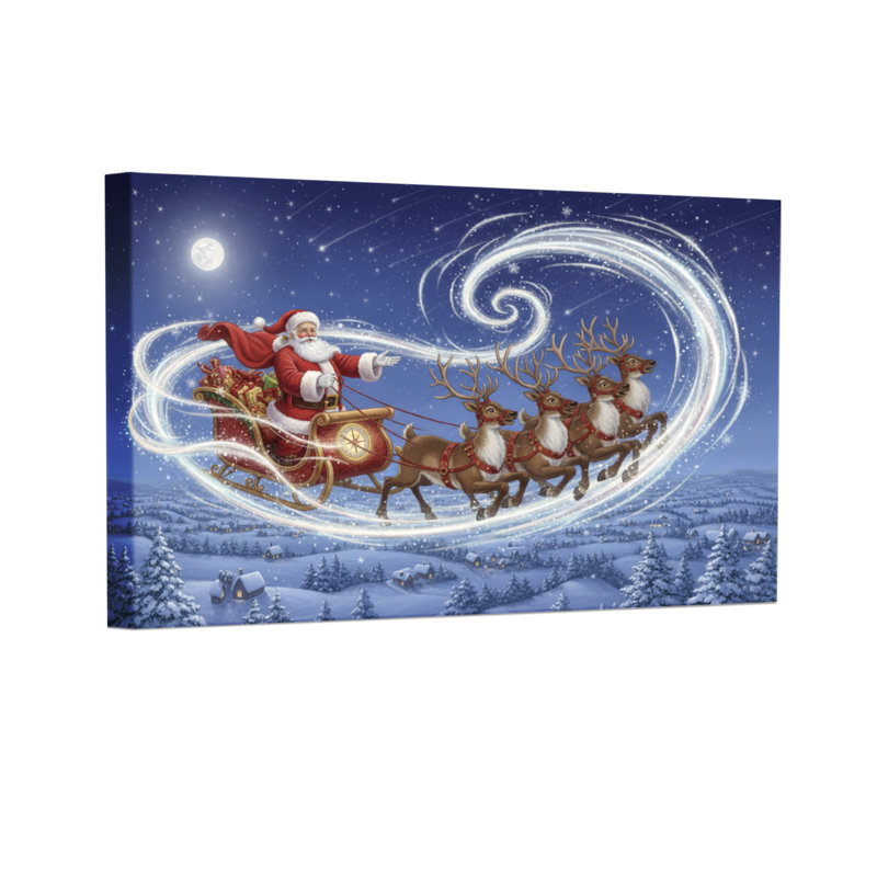 «Christmas Santa Claus Flying With Reindeer Sleigh», ensemble de 3 impressions murales sur toile, H 20 po x l 30 po