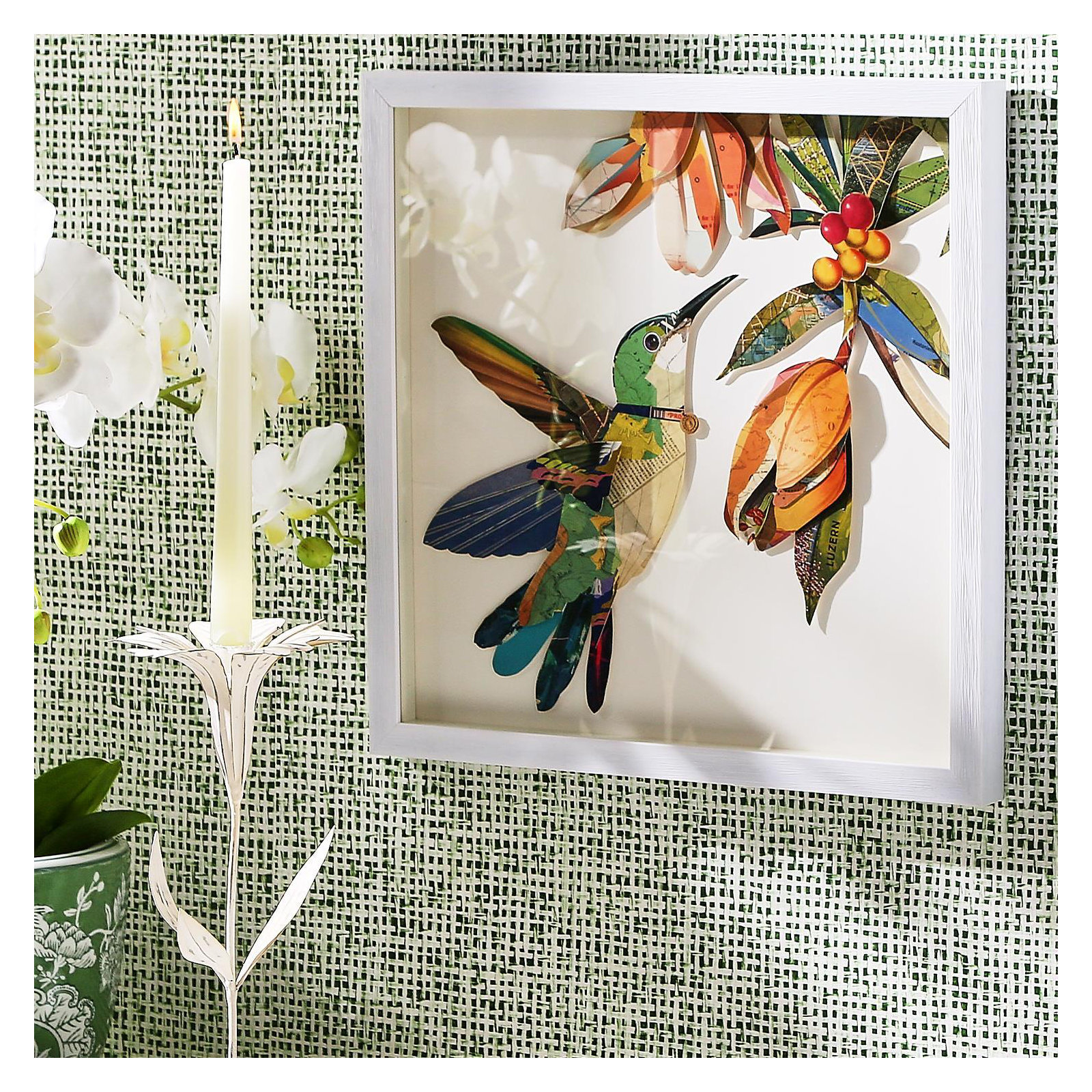 Set Of 2 Humming Birds Paper Collage Wall Art