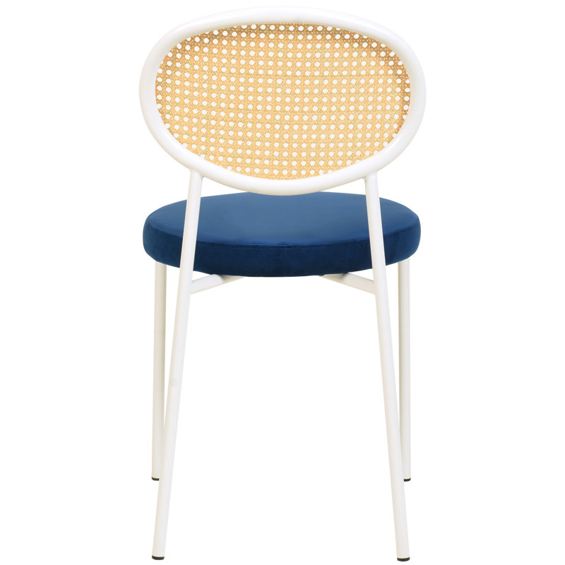 Modern Modern Wicker Dining Chair with Velvet Round Seat, Cane Rattan Back, and White Metal Legs – Mid-Century Boho Accent Side Chair