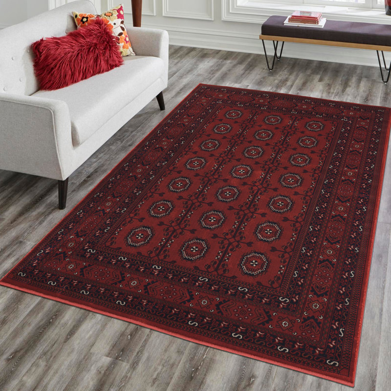 Yasmin Traditional Bukhara Indoor Area Rug Soft Woven Carpet with Jute Backing Classic Oriental Style for Living Room, Bedroom, Hallway, Red