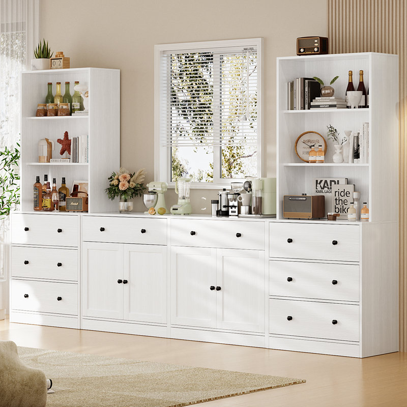 Garde-manger 71 po avec bibliothèques et meuble télé de style campagne pour téléviseur de 75 po ou moins, Blanc