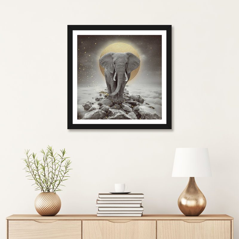 «Elephant - on Rocks Stay Gold» par Soaring Anchor Designs - impression d'art graphique, Papier encadré noir, Blanc