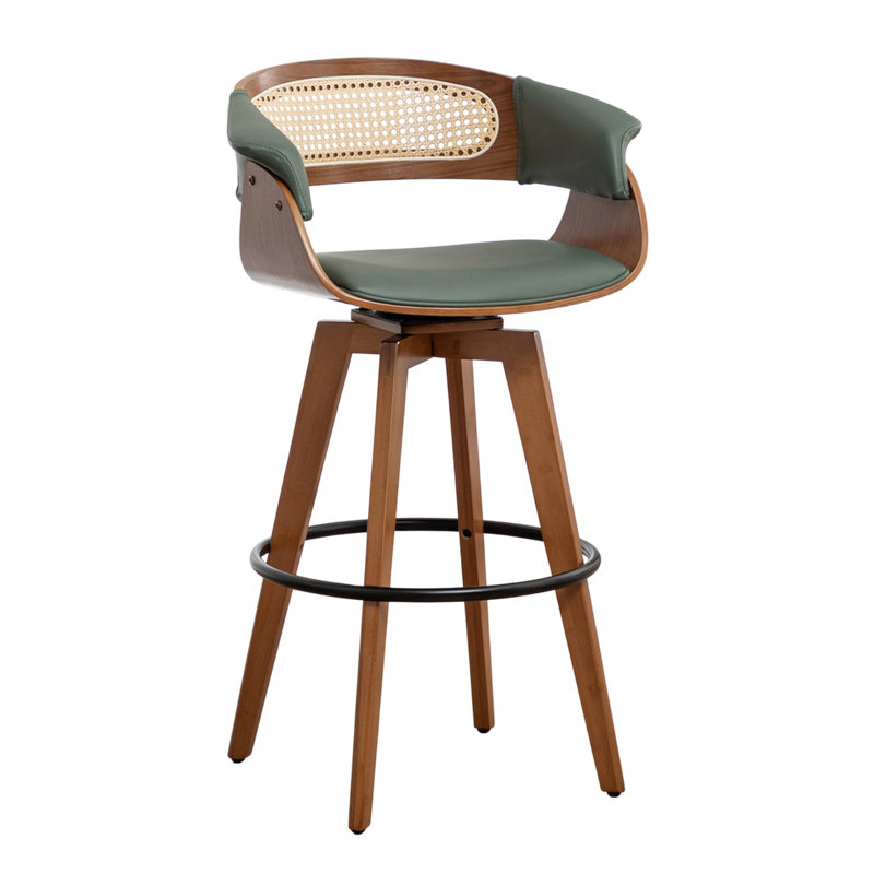 Swivel Upholstered Poplar and Walnut Upholstered and Solid Wood Bar Stool with Solid Wood Frame, Green