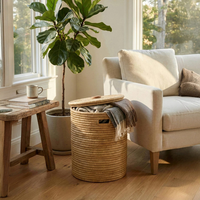 Panier rond en rotin 100% naturel tissé à la main avec couvercle et poignées, organisateur de rangement et de buanderie Boho Farmhouse, fabriqué à la main - artisanat africain authentique