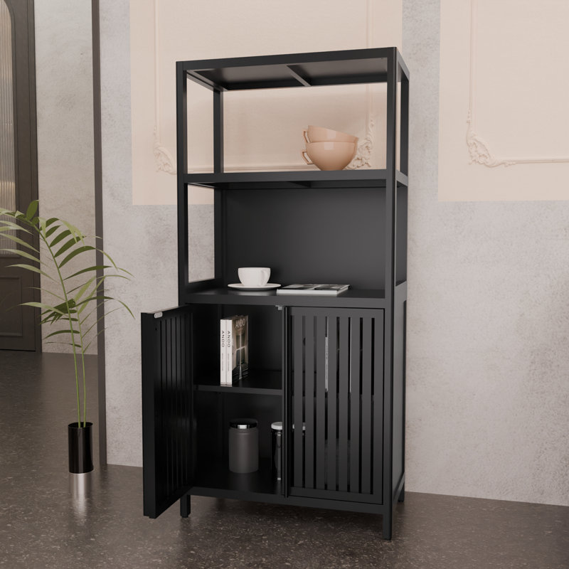 Black Bamboo Storage Cabinet, Separate Bathroom Cabinet With 2 Doors, Floor Cabinet Organizer For Living Room