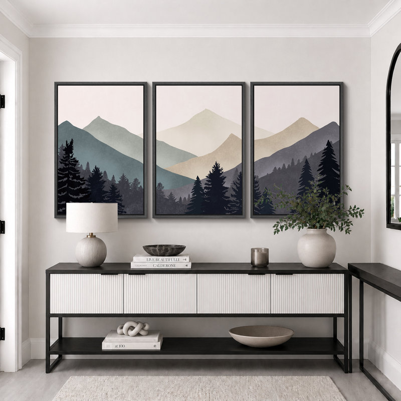 «Sun Mountain Landscape», œuvre abstraite de forêt neutre, images murales minimalistes modernes, impression sur toile encadrée, 3 pièces
