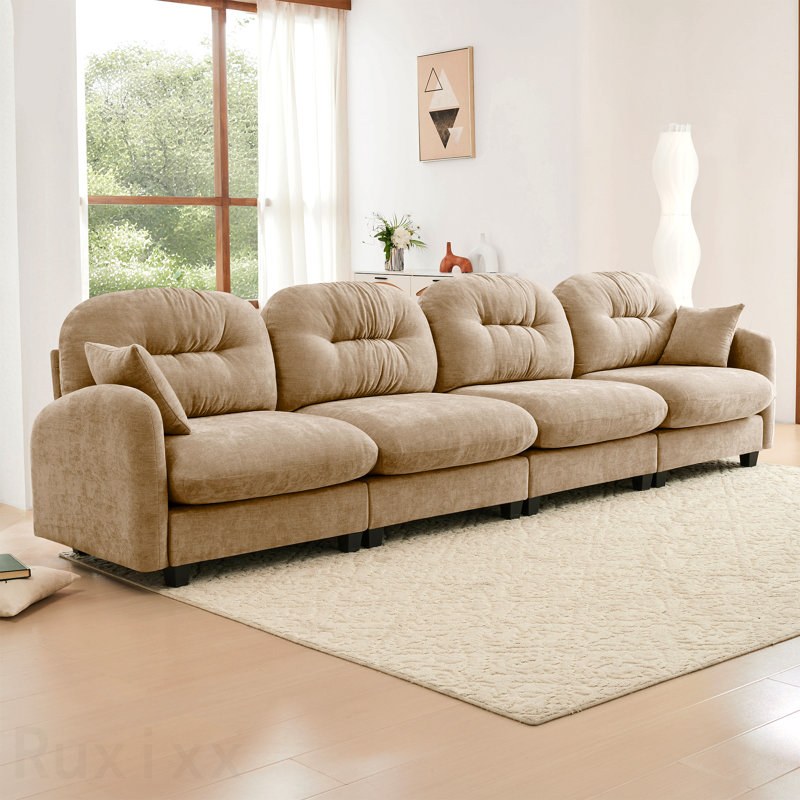 Canapé pour 4 personnes idéal pour recevoir des invités Canapé modulaire à quatre places modulaire, tissu en chenille de qualité supérieure, avec 2 coussins décoratifs, dossier capitonné, mousse à haute densité facile à installer, convient aux chambres à coucher, aux salons, aux coins lecture, au chameau