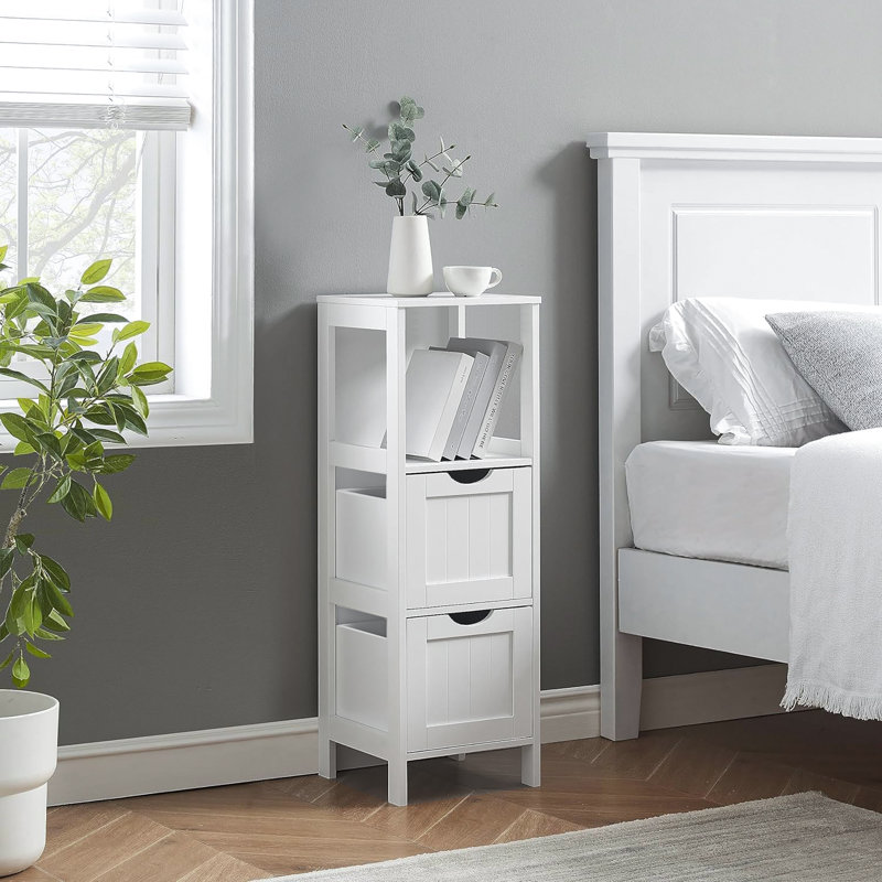 Freestanding Bathroom Cabinet With Open Shelf And 2 Drawers, White Floor Storage Organizer For Bathroom Or Living Room