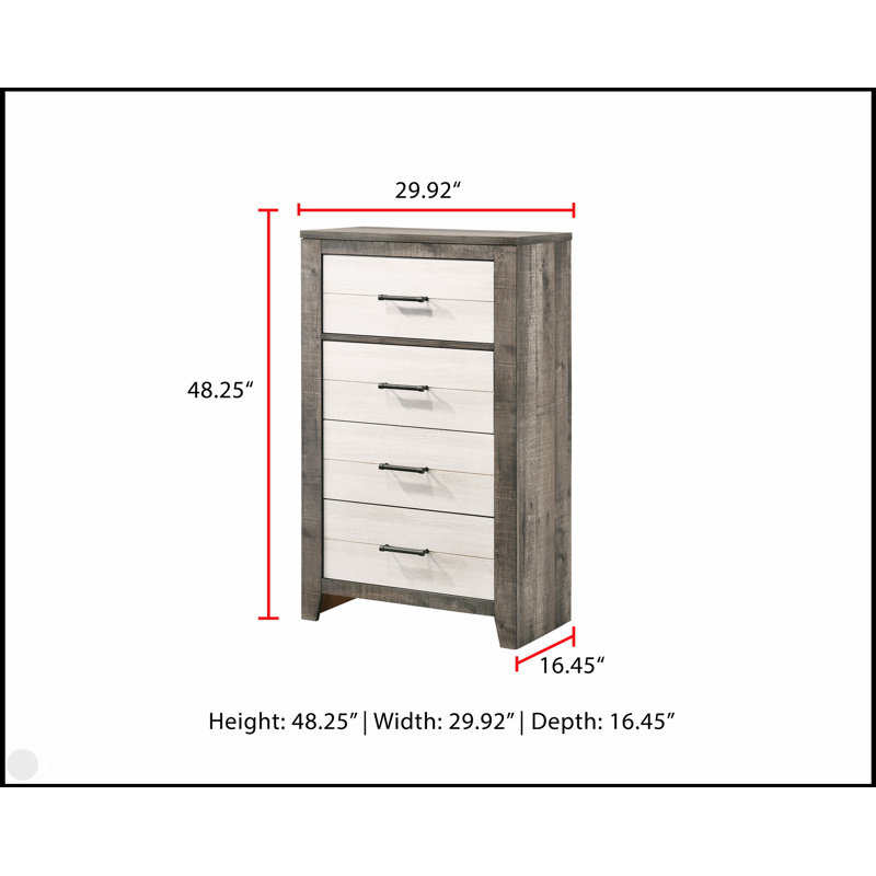 Commode de chevet de style campagnard avec finition deux tons, quatre tiroirs spacieux et poignées en métal pour un rangement moderne