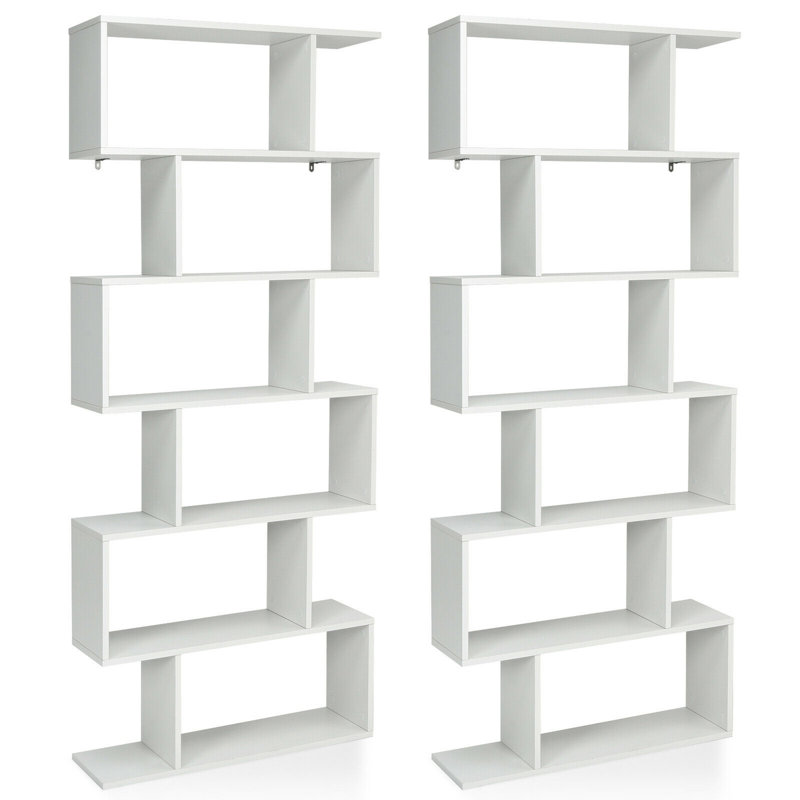 75''H X 31.5''W 2 PCS 6 Tier S-Shaped Bookshelf Storage Display Bookcase Decor Z-Shelf, White