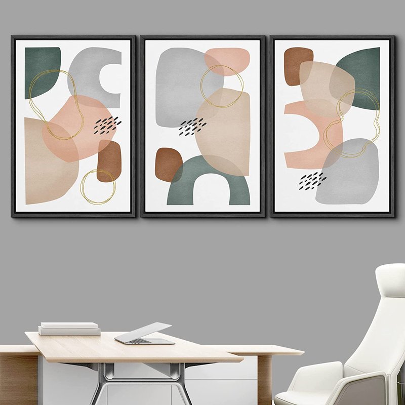 Impression sur toile encadrée de style Mid-Century coloré abstrait moderne Mid-Century 3 pièces, Noir
