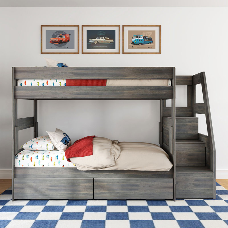 Lit superposé Modern Farmhouse avec escalier et tiroirs de rangement, Simple sur simple, Bois flotté