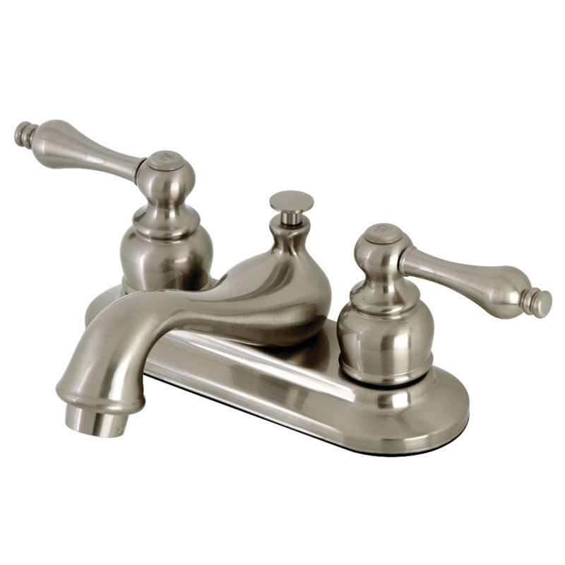 Kingston Brass Restoration Two-Handle 3-Hole Deck Mount 4" Centerset Bathroom Faucet with Brass Pop-Up, Brushed Nickel
