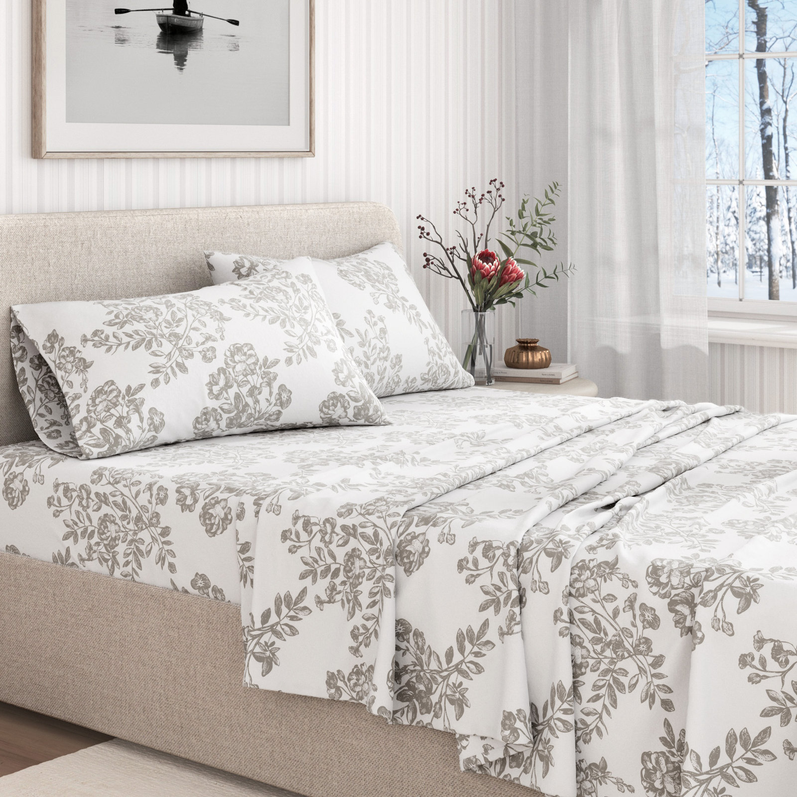 Raye Cotton Flannel Sheet Set, California King with 2 Pillowcases, Toile Gray