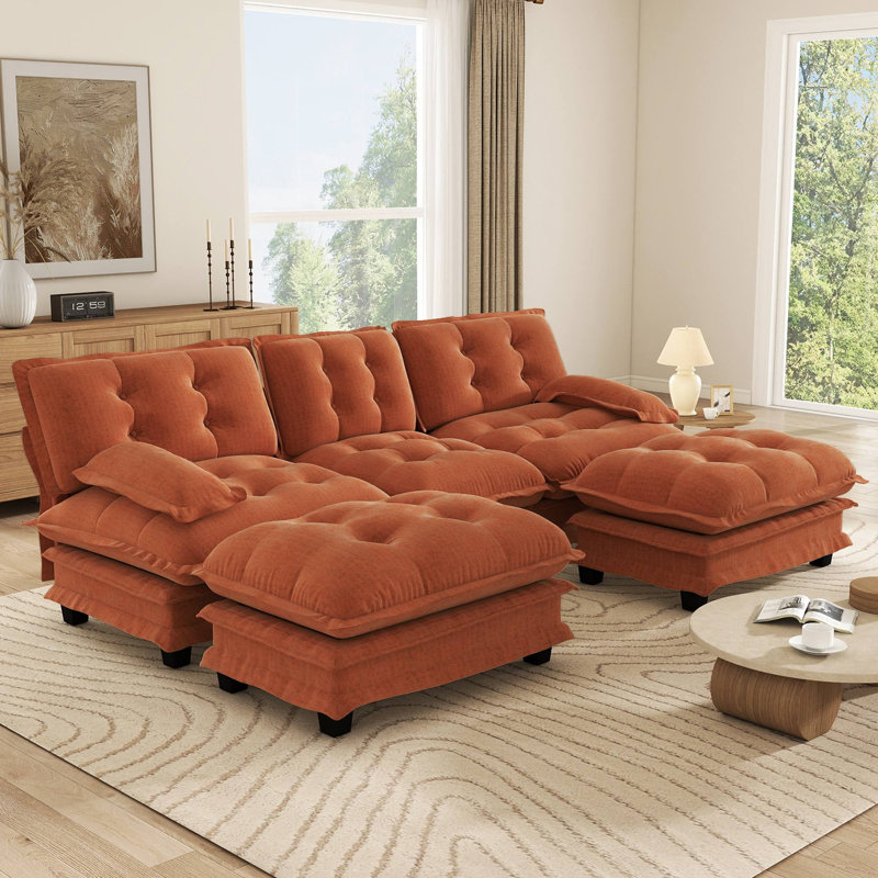 Canapé modulaire en forme de U 107 po à 3 places avec 2 repose-pieds assortis, canapé rembourré en chenille et coussins de siège en treillis