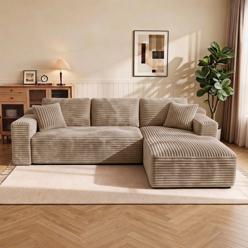 Canapé d'angle en velours côtelé en forme de L avec méridienne, Marron foncé, Orienté à droite
