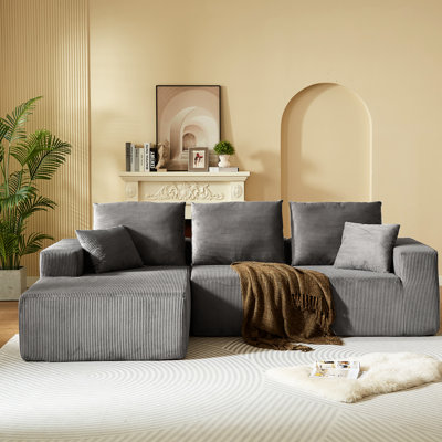 Modern L Shaped Sectional Couch With Chaise, 3 - Seat Dark Gray Corduroy For Bedroom, 35d High Resilience Sponge, No Assembly Home And Office, Gray, Full Foam Filler, Needed