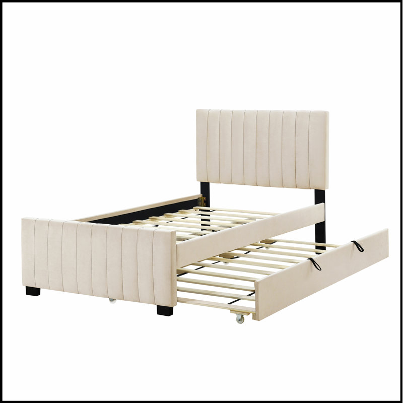 Lit plateforme tapissier avec lit gigogne, structure robuste, tête de lit rembourrée et espace de couchage ou de rangement supplémentaire
