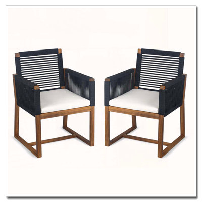 Ensemble de 2 fauteuils d'extérieur en bois d'acacia avec corde et coussins lavables