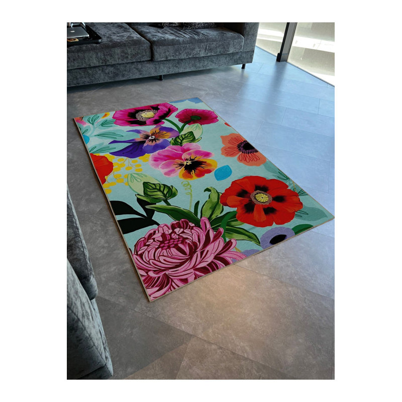Tapis bleu lavable décoratif multicolore bleu et rose, Sous-tapis rectangulaire de 3 pi 3 po x 4 pi 11 po
