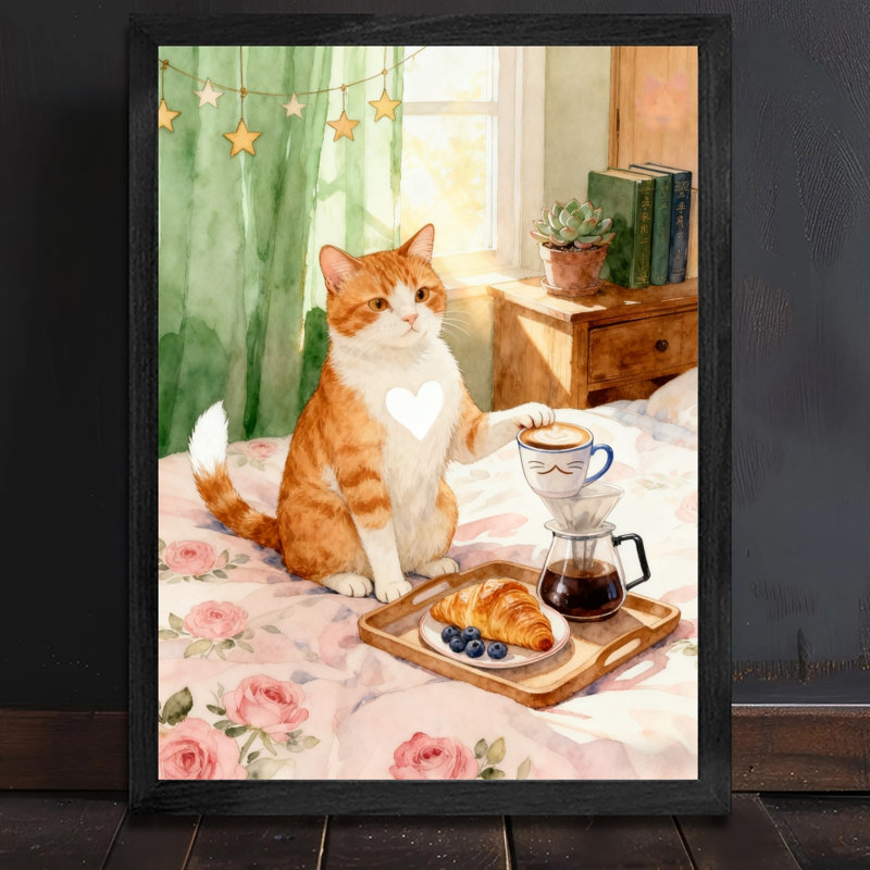 Reproduction d'art encadré noir, rétro, chat chaud, thé d'après-midi, H 37 po x l 25 po