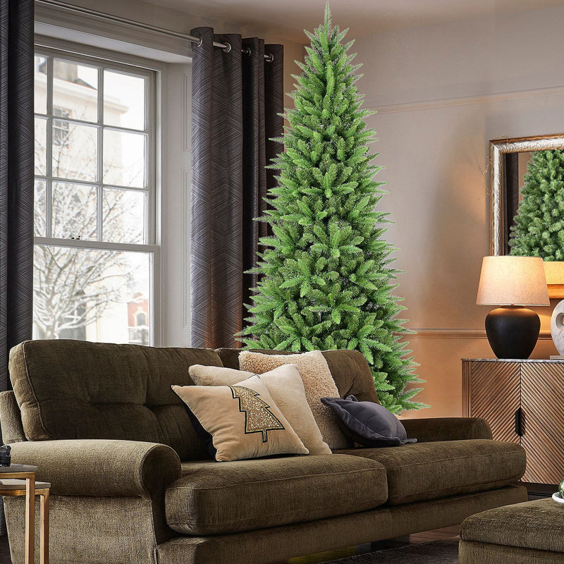 Arbre de Noël mince 6 pi - 850 pointes, branches en PE + PVC, conception à charnières pour une installation facile, support en métal stable - idéal pour les coins et les petits espaces