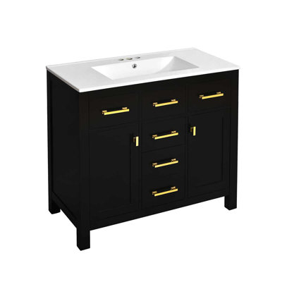 Meuble-lavabo autoportant moderne 36 po avec lavabo en céramique, 4 tiroirs et 2 armoires Modern