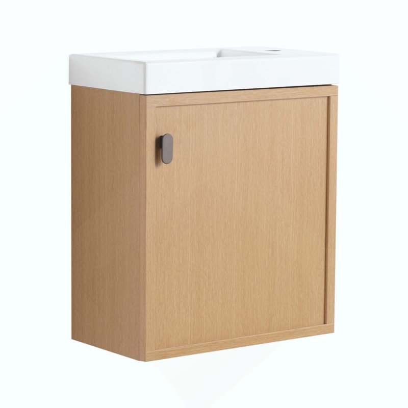 Meuble-lavabo mural avec lavabo en résine, porte simple à fermeture douce, panneau de fibres à densité moyenne, Naturel