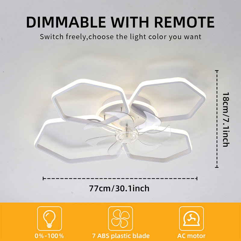 30Inches Ceiling Fan With Lights Remote Control Dimmable Led, 6 Gear Wind Speed Fan Light