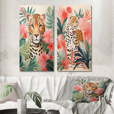 Green And Pink Leopard In Jungle I - Leopard Canvas Prints Set Of 2